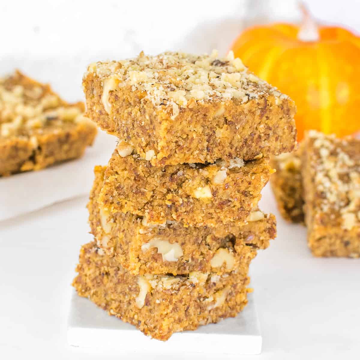 front view of stacked pumpkin bars.