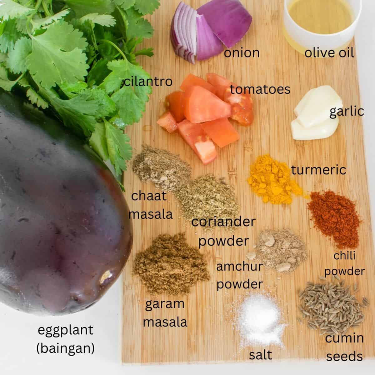 top view of all the raw ingredients on a wooden board.
