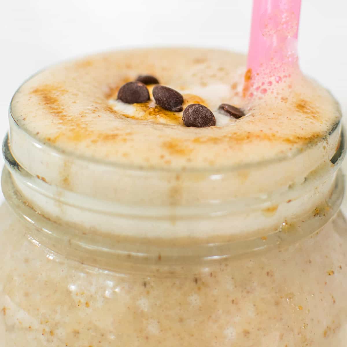 a close up view of salted caramel protein shake.