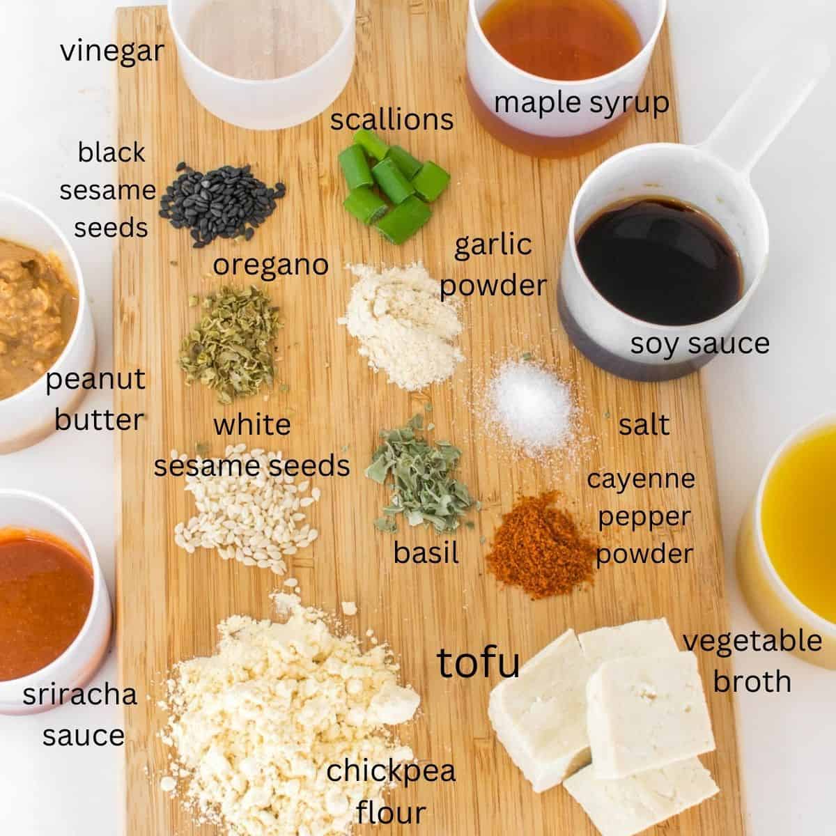 top view of all the ingredients on a wooden board.
