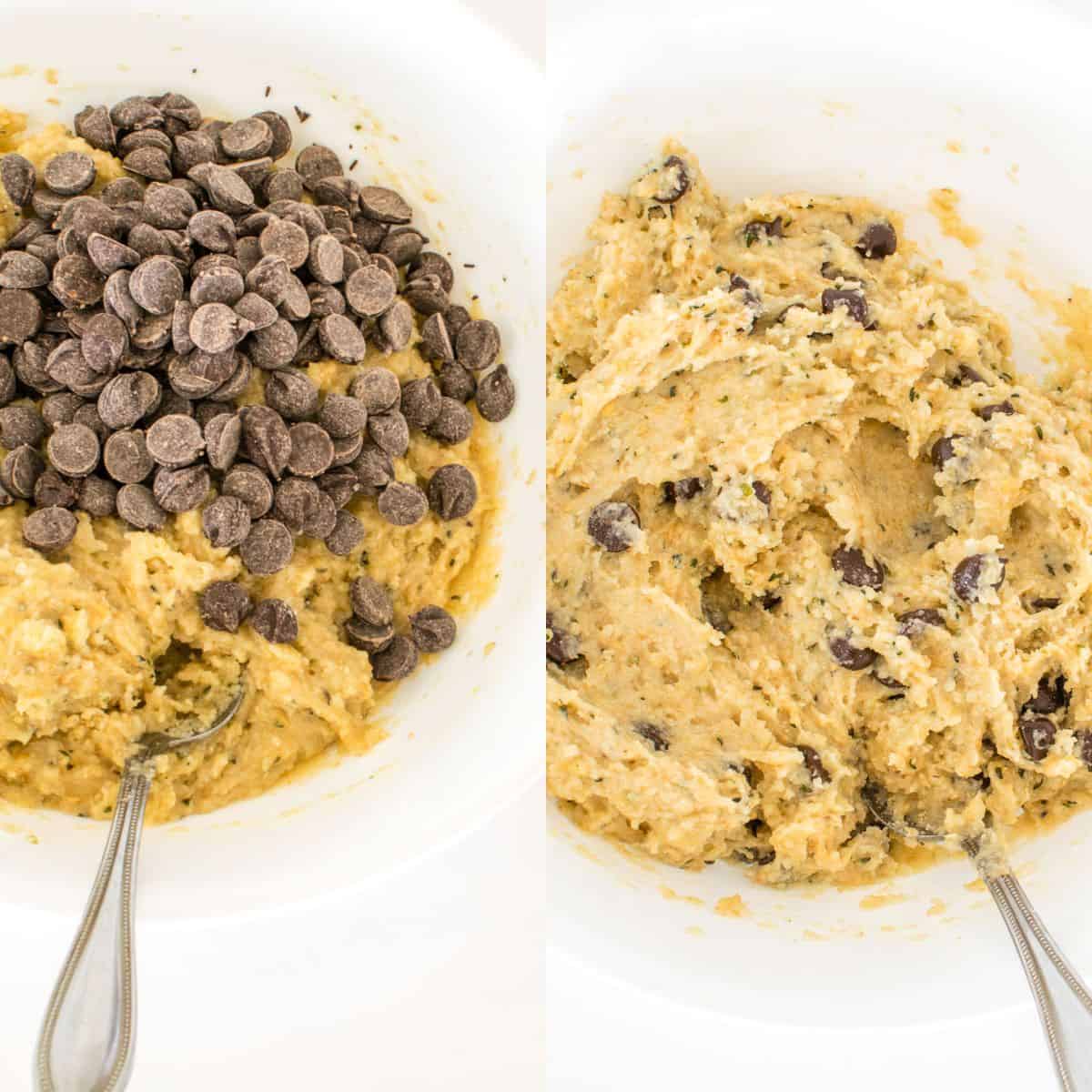 chocolate chips folded into the batter and whipped into a final batter.
