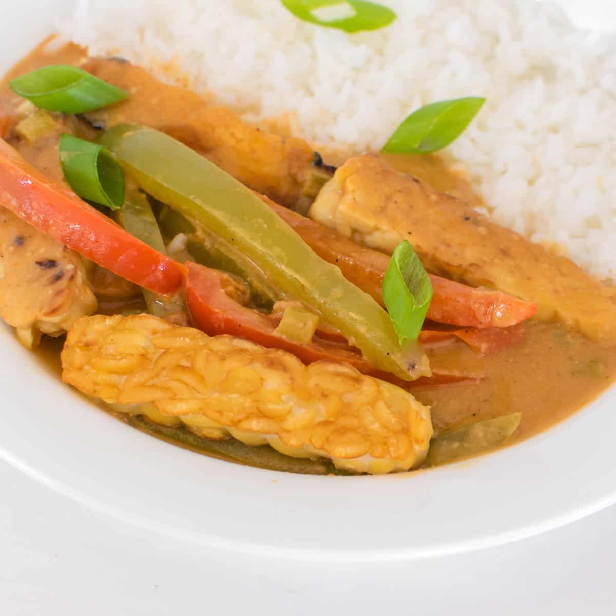 a close up view of served tempeh curry.