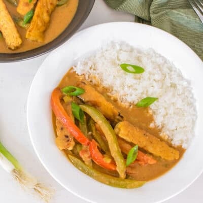 top view of tempeh curry served with rice.