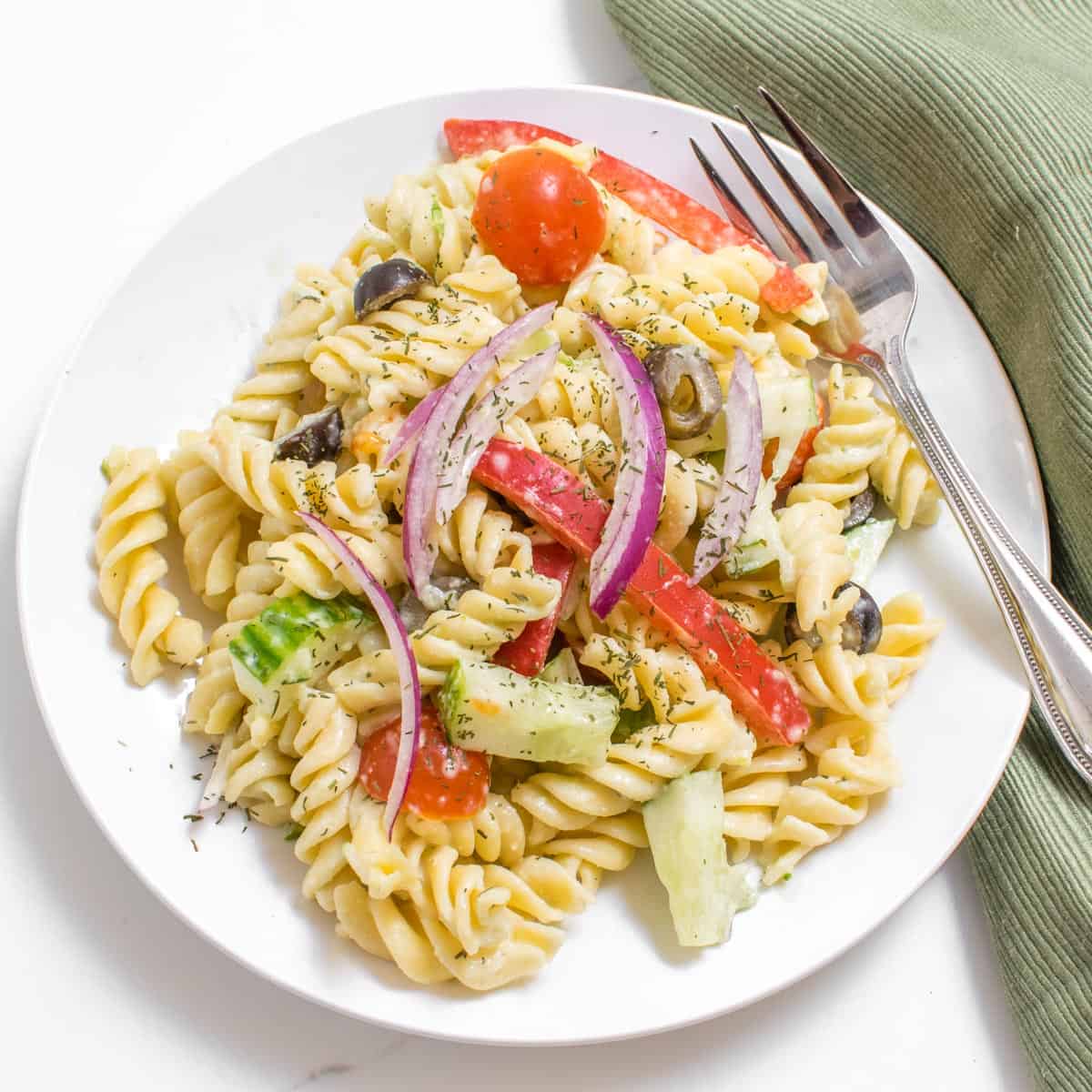 top close up view of tzatziki pasta salad