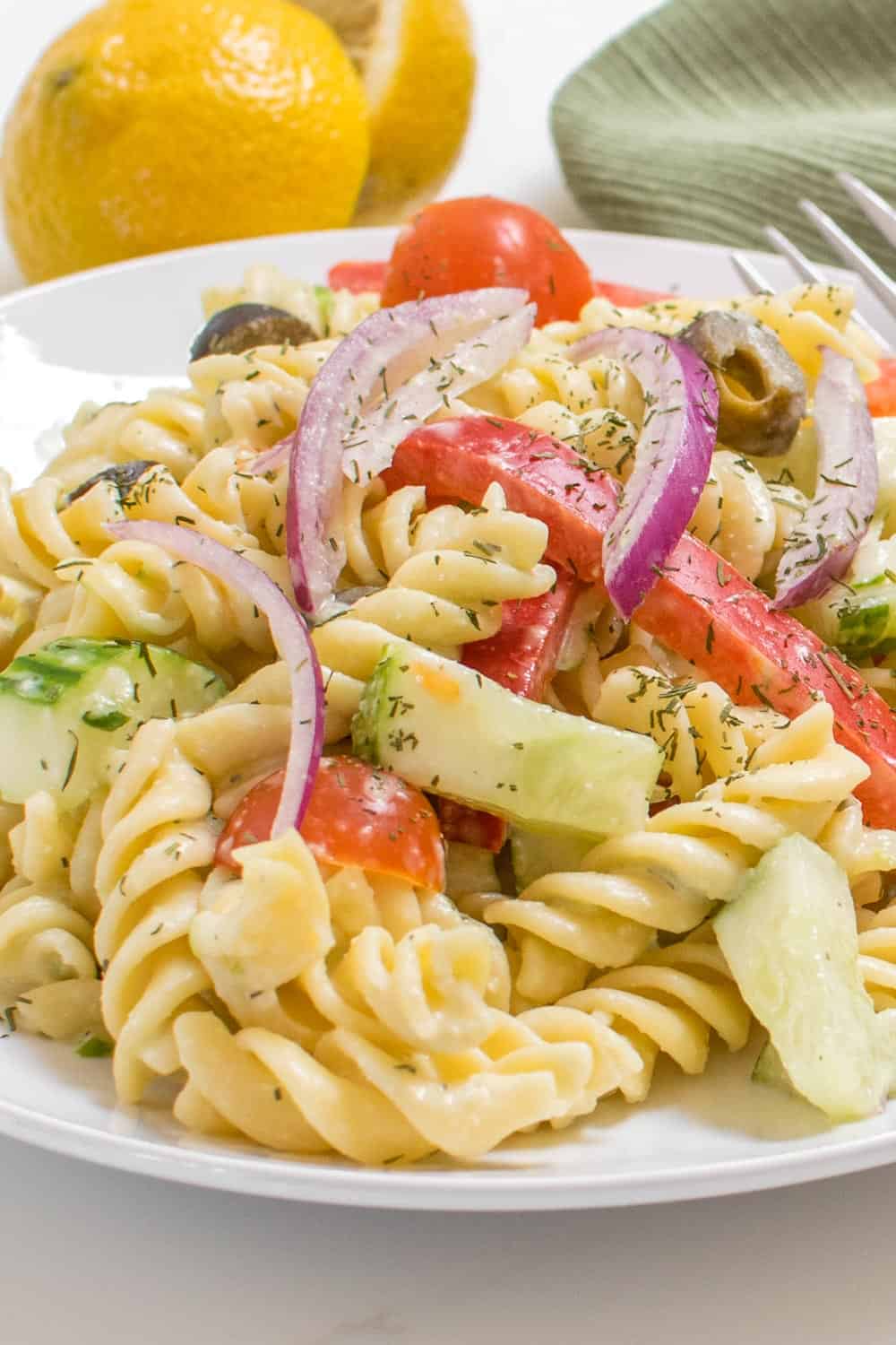 front close up view of tzatziki pasta salad