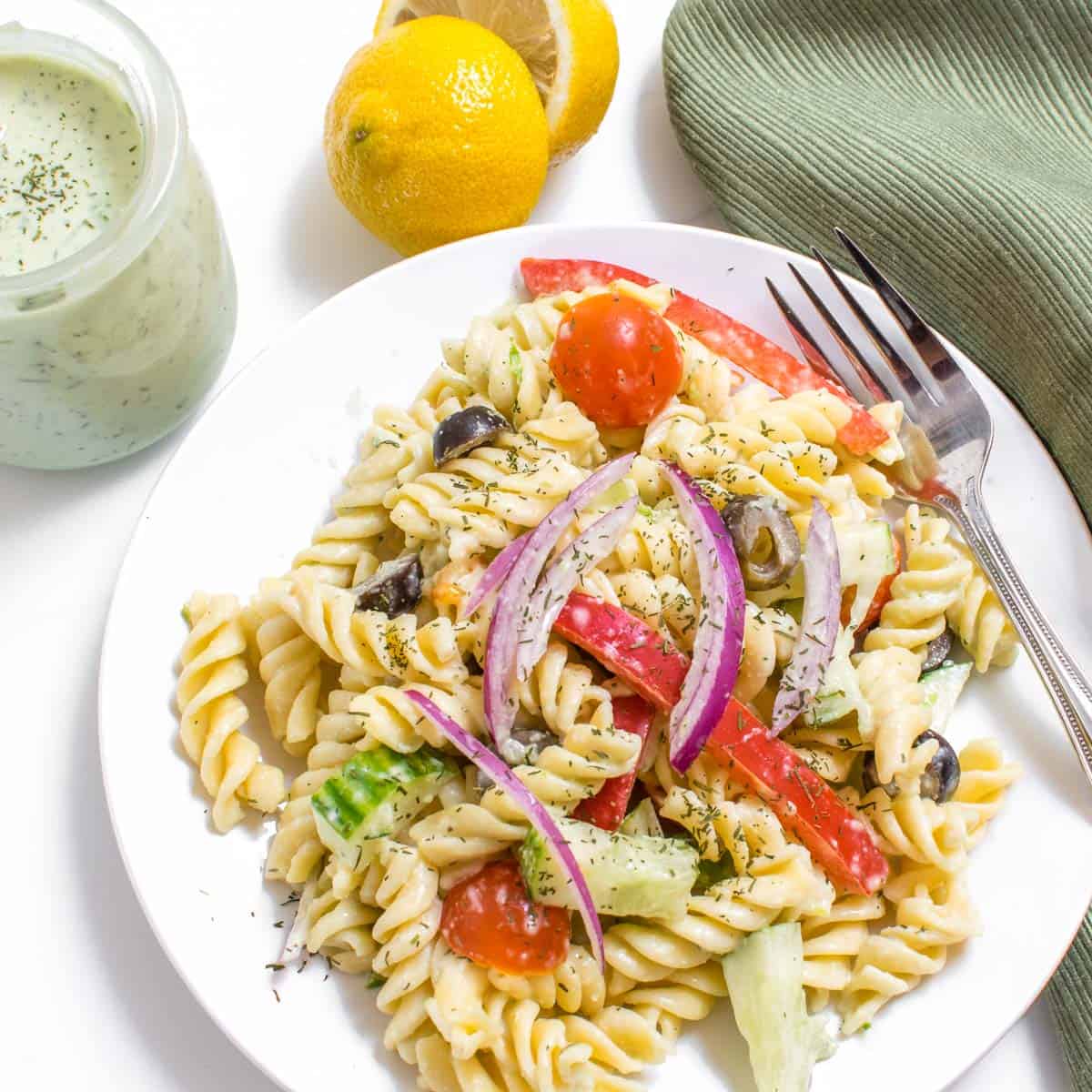 top view of the served tzatziki pasta salad.