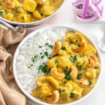 Top view of the served kaju curry with rice.