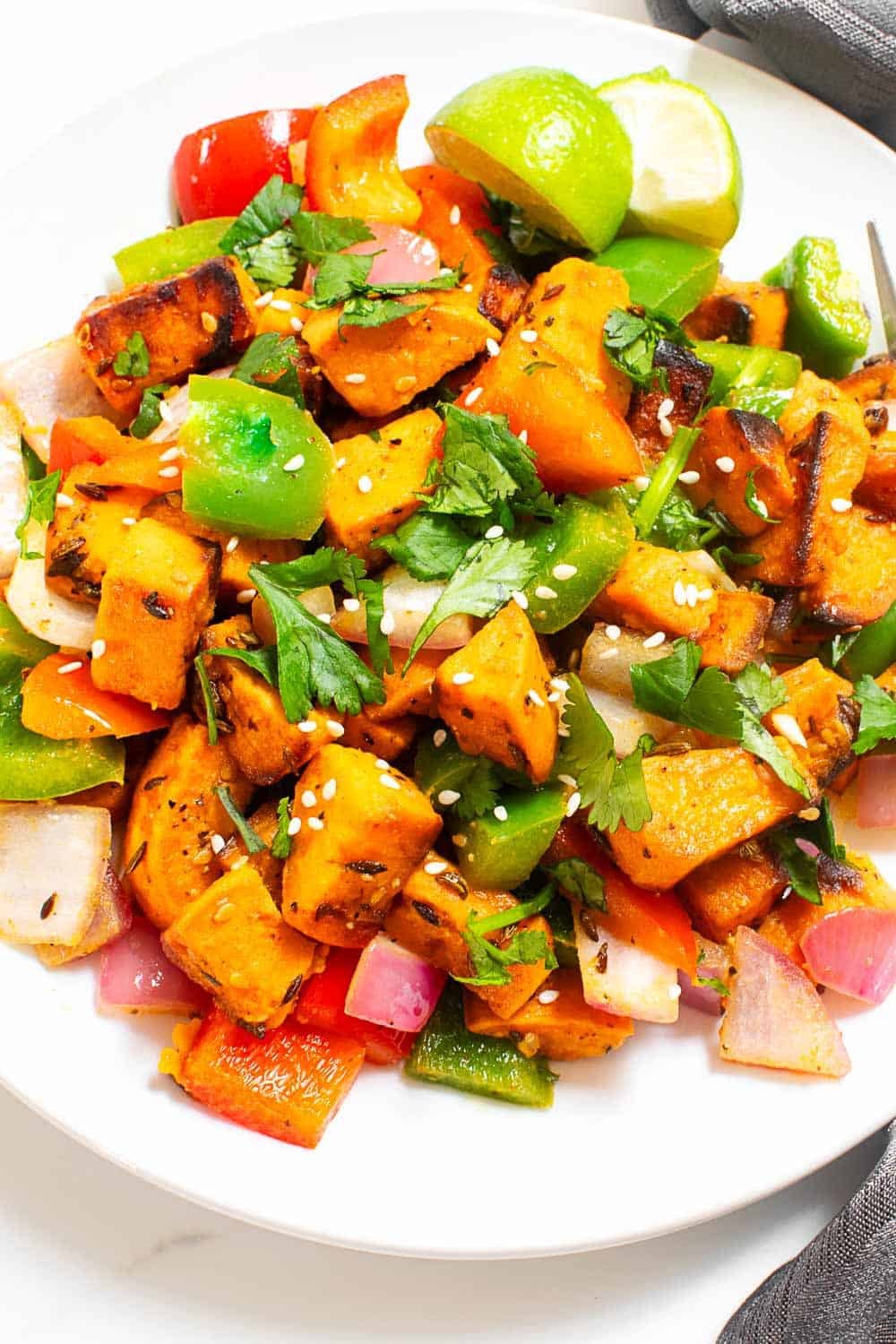 top view of served sweet potato stir fry.