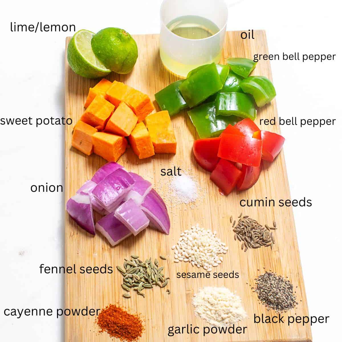 top view of all the raw ingredients on a wooden board. 