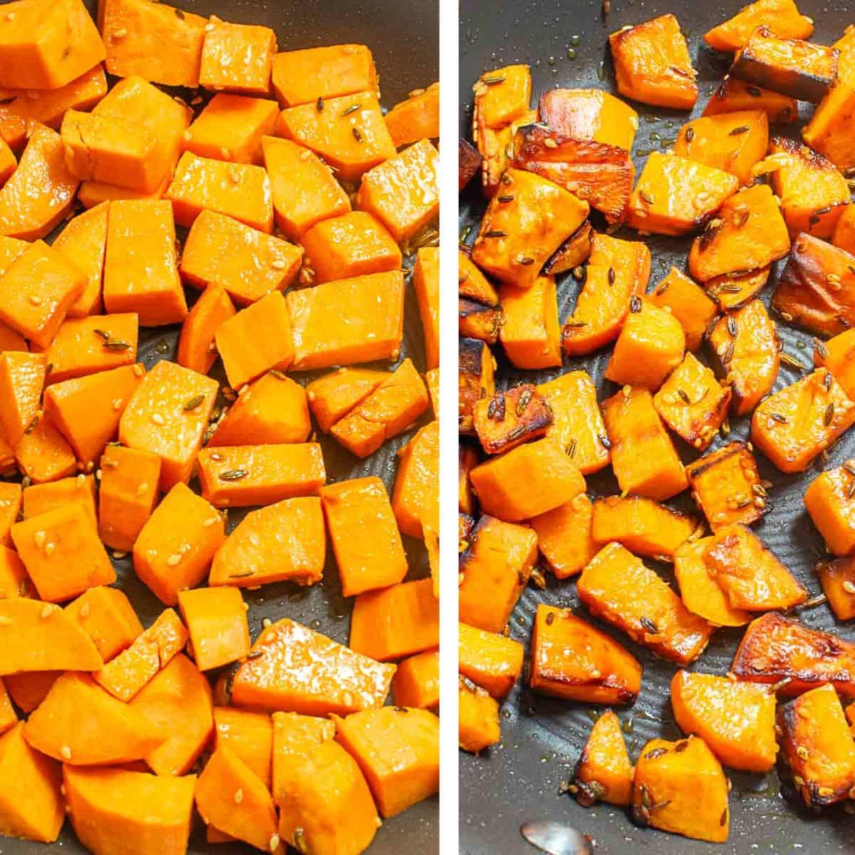 before and after image of cooked sweet potatoes.