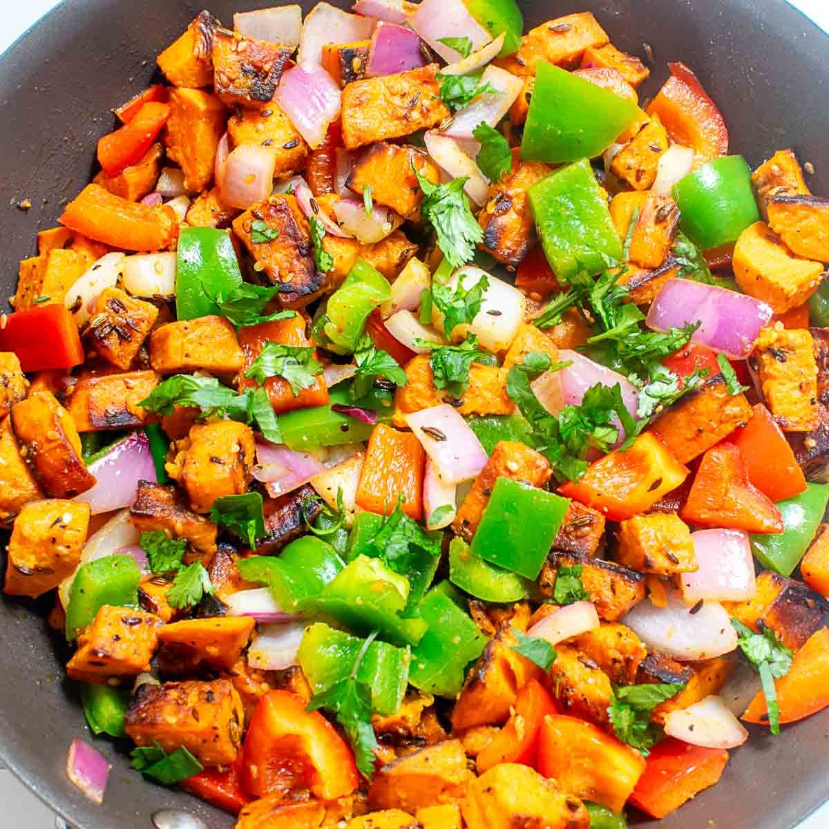 top view of cooked ingredients in the pan. 