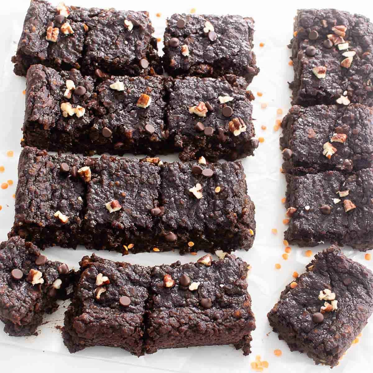 flat display of scattered sliced lentil brownies.