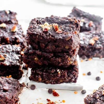 a 45 degree angle view of stacked lentil brownies.