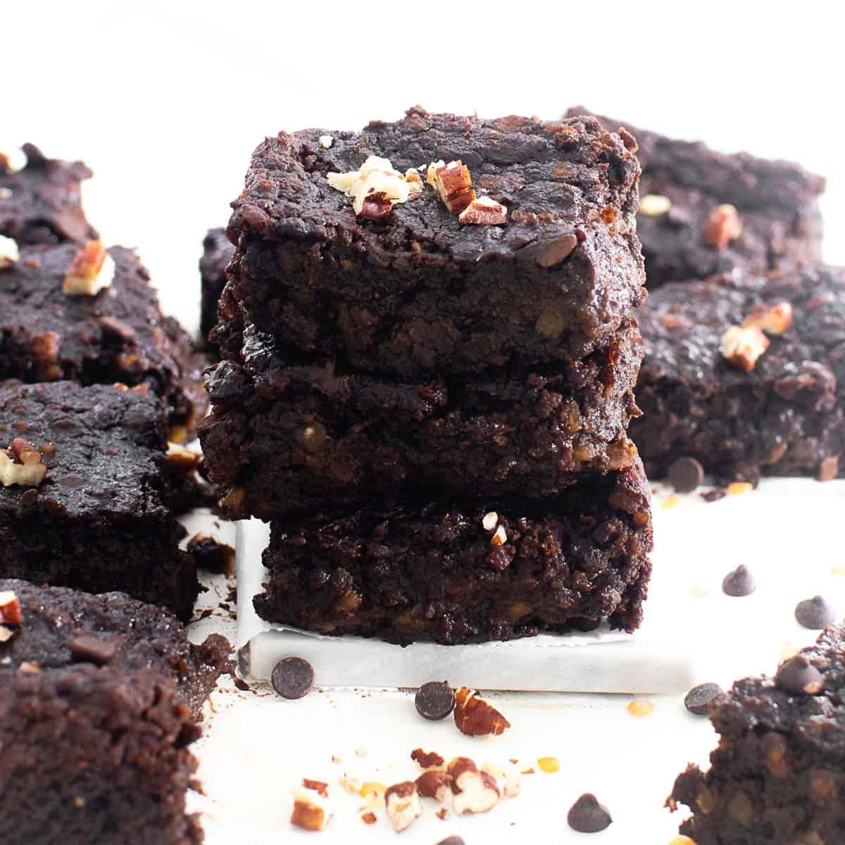 a front view of stacked lentil brownies.