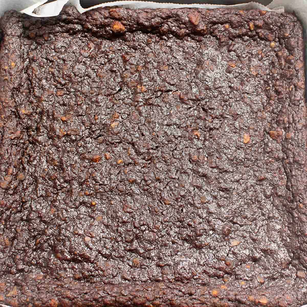 baked brownie in the pan. 
