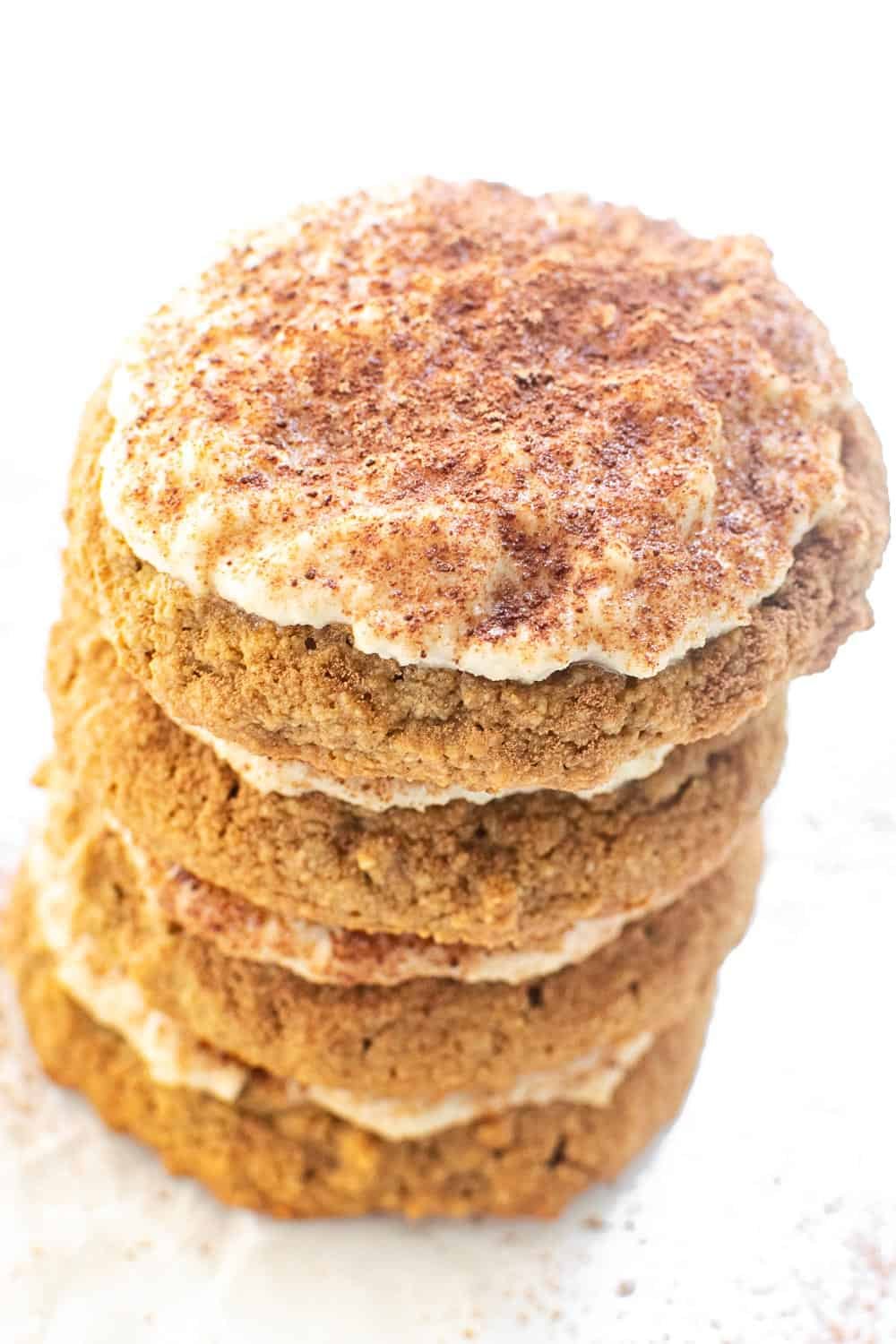 a 45 degree angle view of stacked tiramisu cookies.