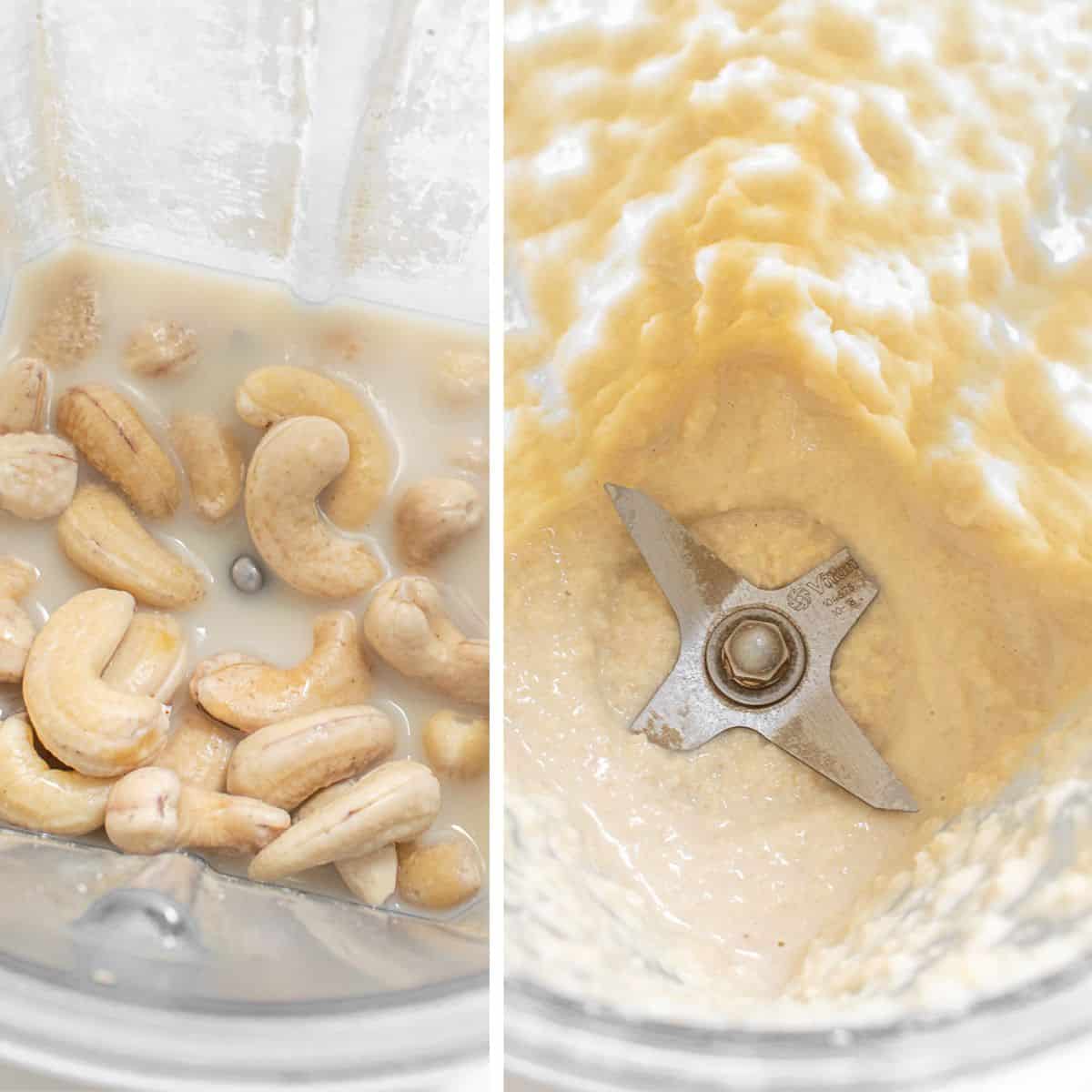 before and after images of blended frosting in the blender.