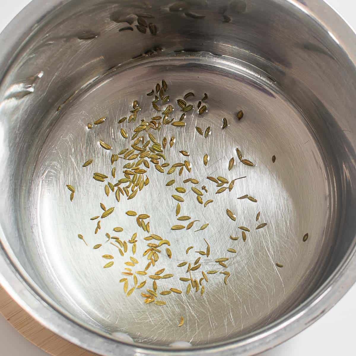 oil and fennels seeds in the cooking pot.