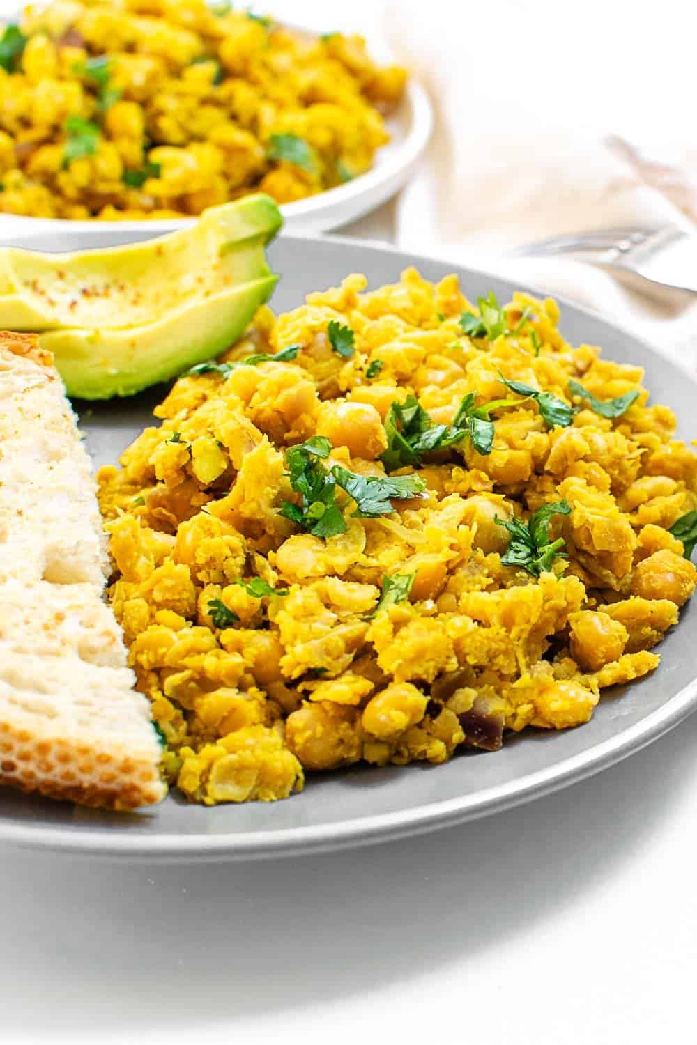 a close view of served chickpea table at a breakfast table. 