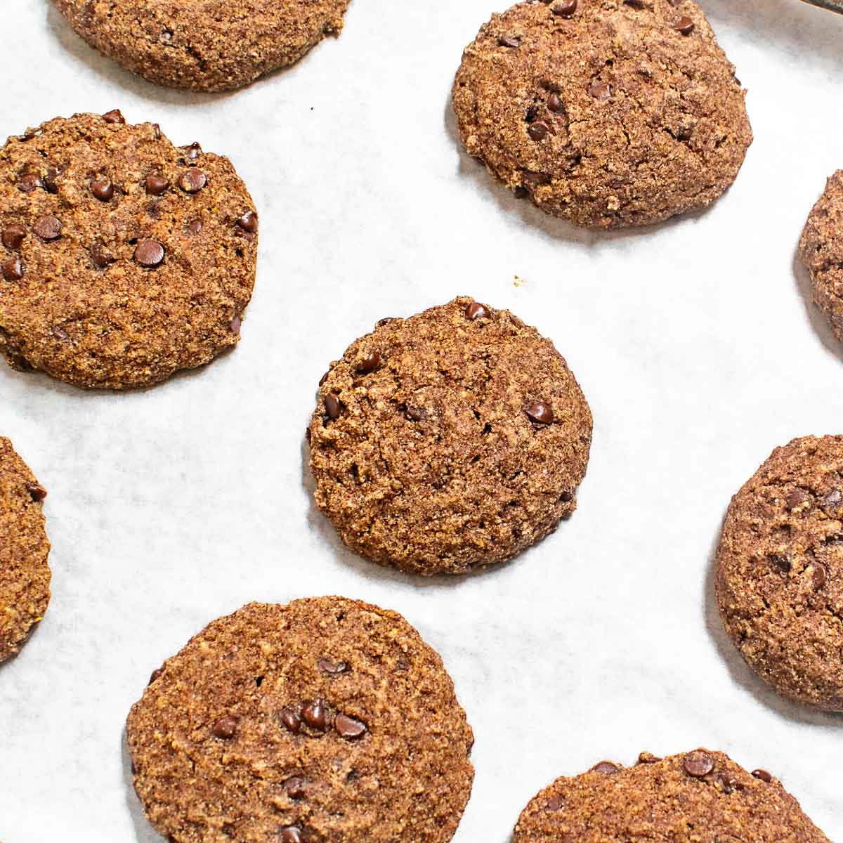 top view of baked ragi cookies in the baking sheet.
