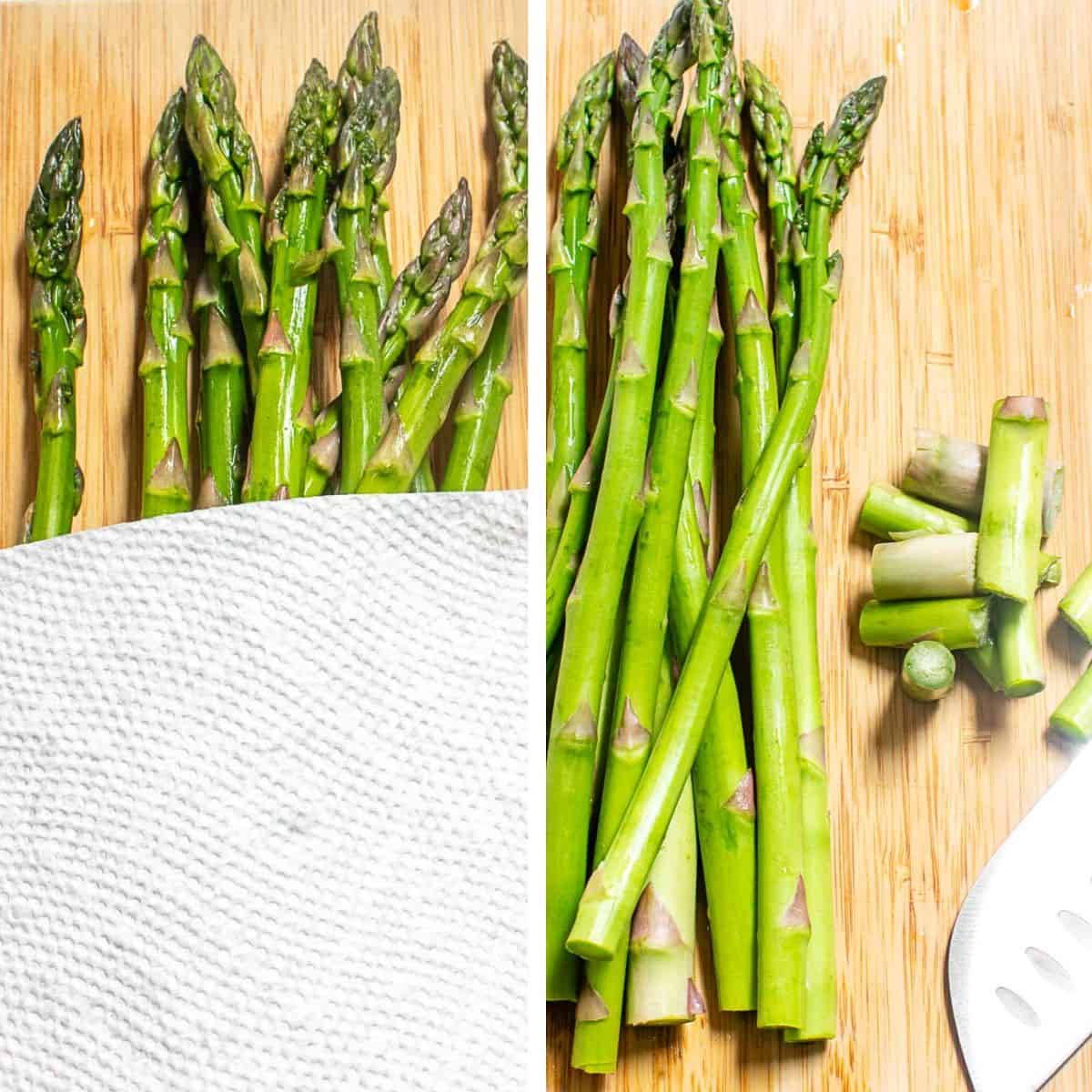 rinsed, dried and trimmed raw asparagus on a wooden board.