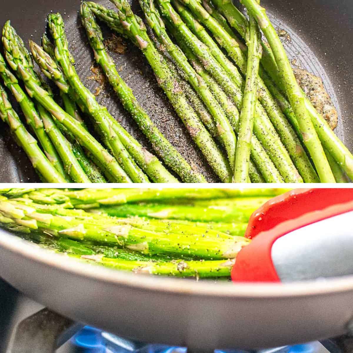 spears and seasonings tossed together with the tongs in the pan.