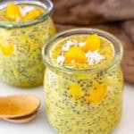 a 45 degree angle view of served mango chia pudding.