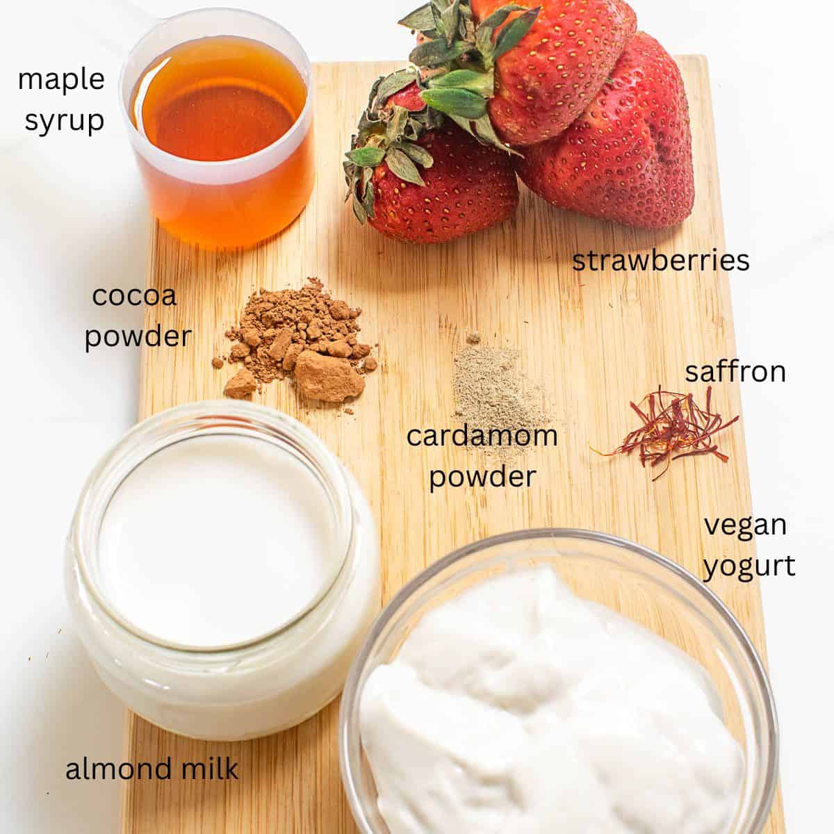 all the ingredients with a top view on a wooden board. 