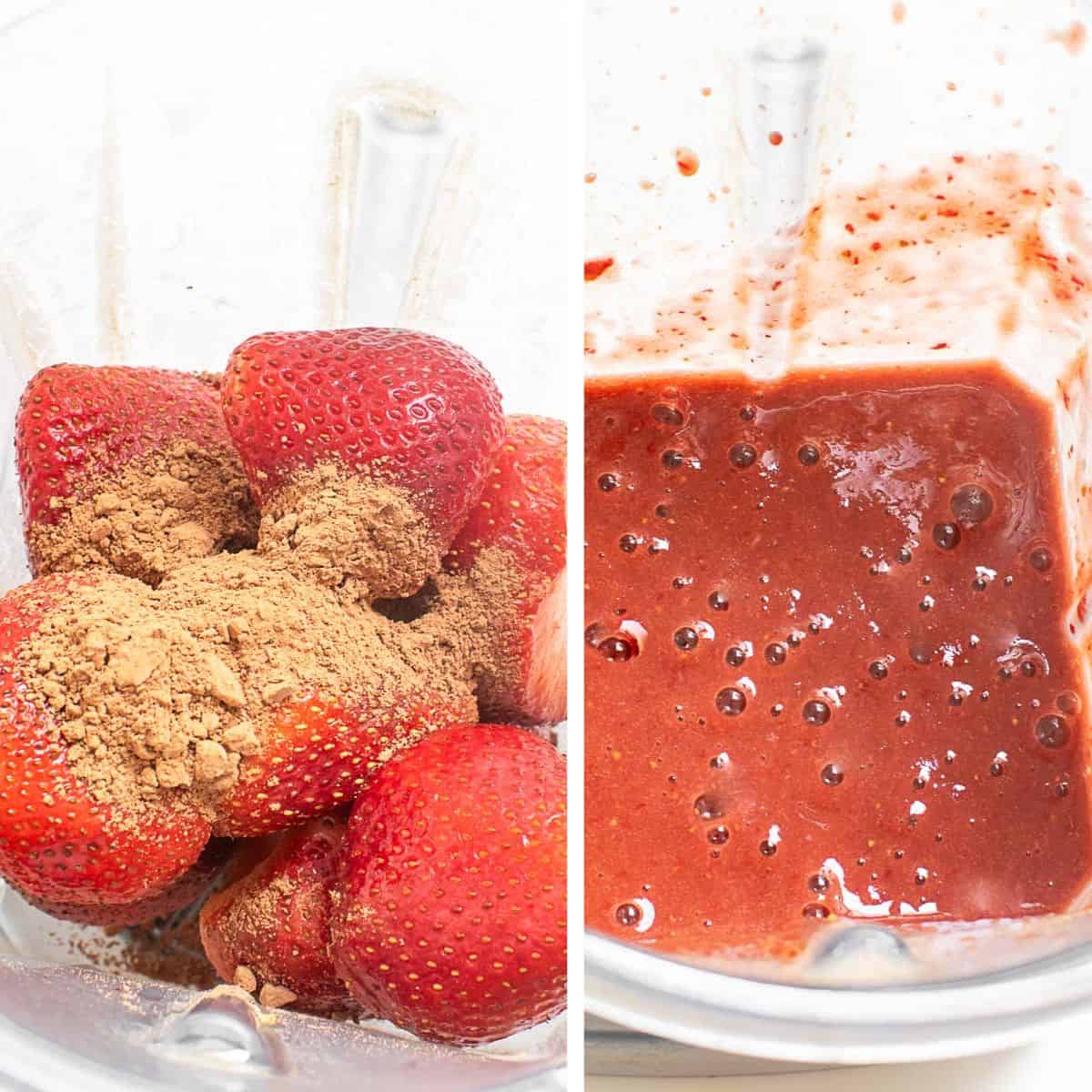 before and after images of blended starwberries.
