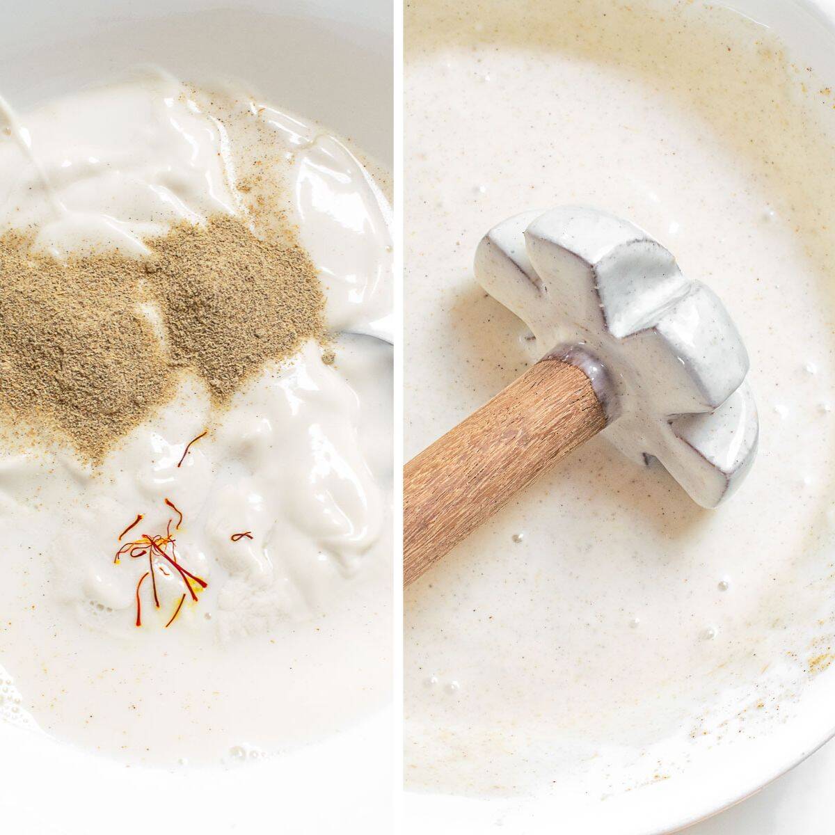 before and after images of blended yogurt mixture in a bowl. 