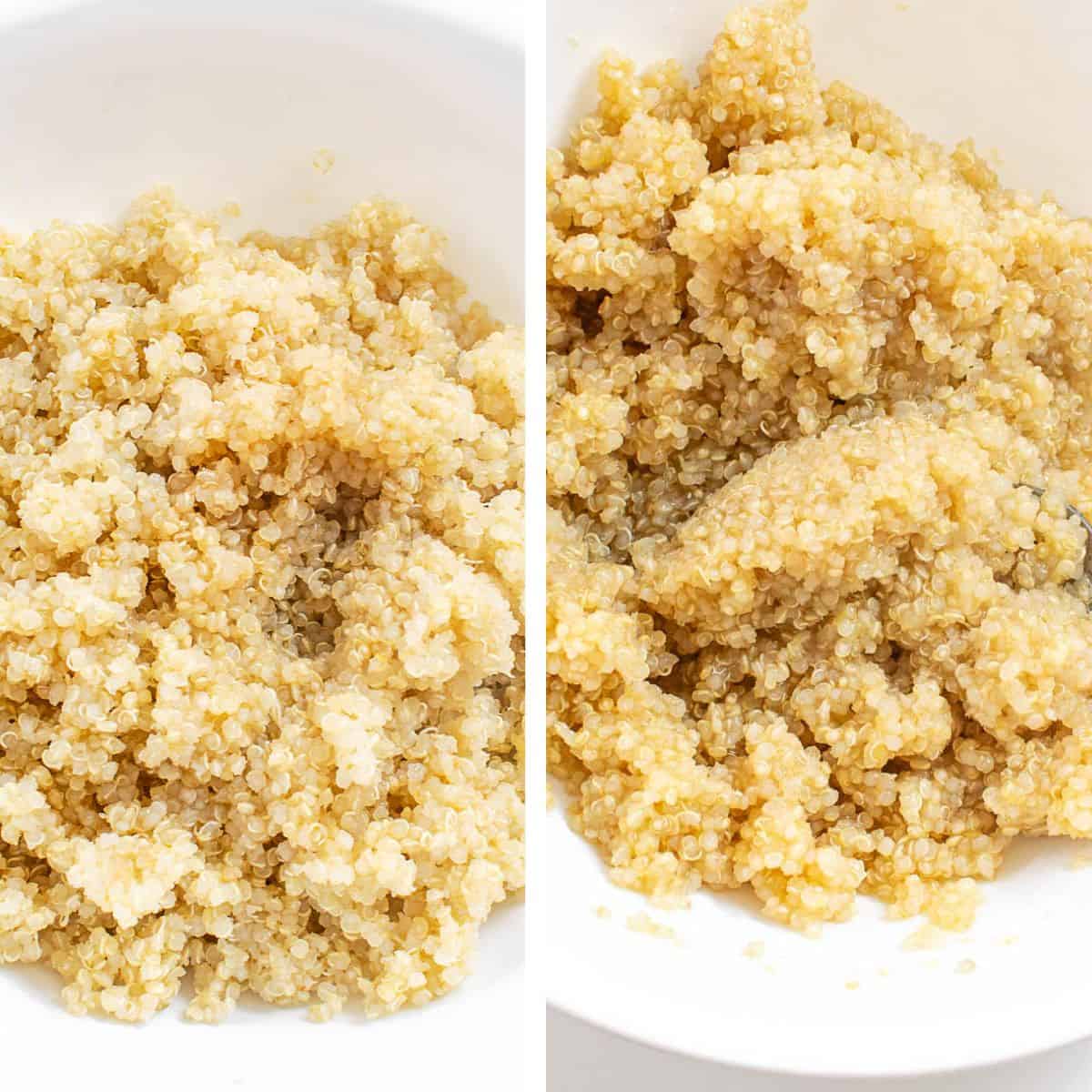Mixing the sweetener to the cooked and cooled quinoa to make the energy balls.