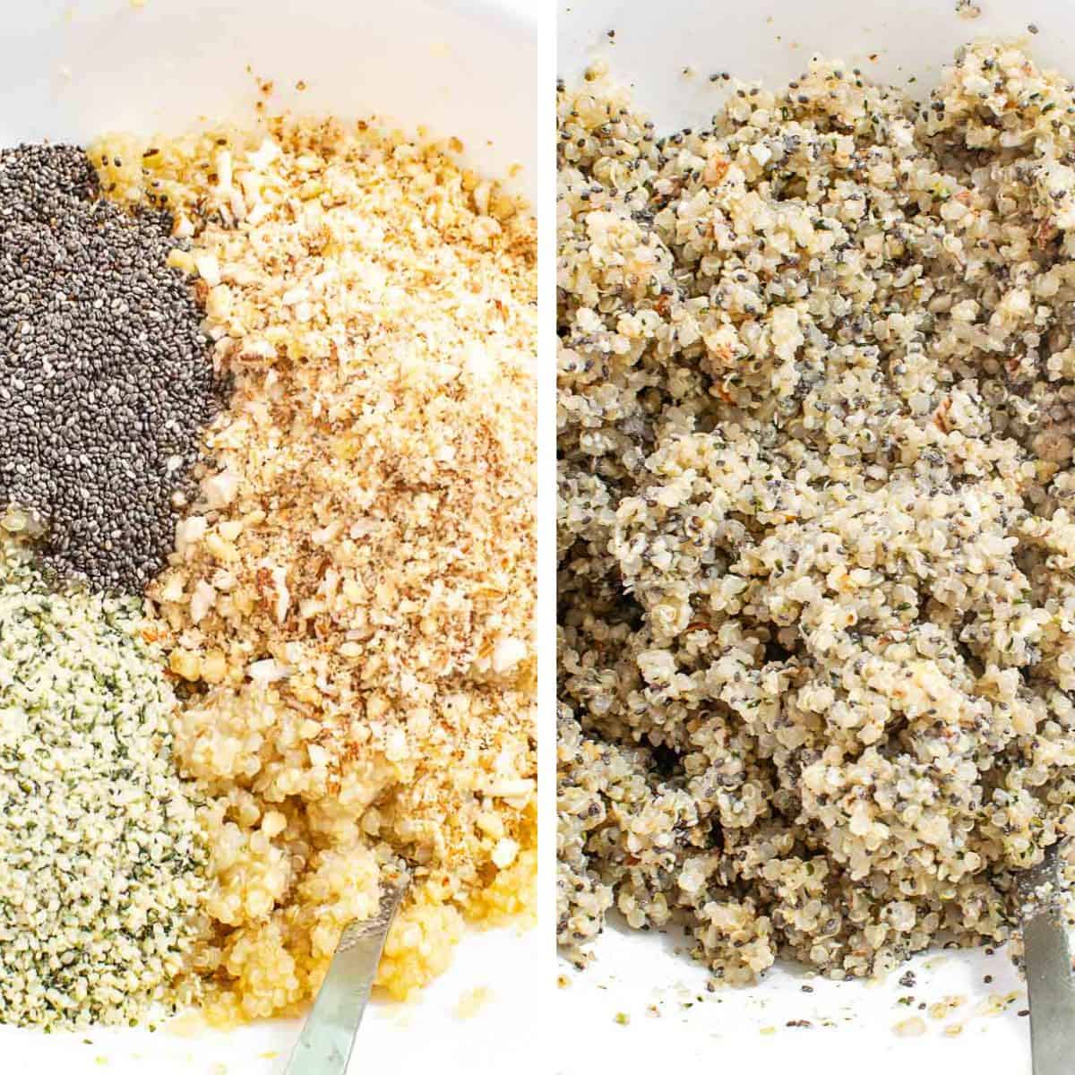Preparing the mixture by adding nuts and seeds to the bowl of sweetened quinoa.